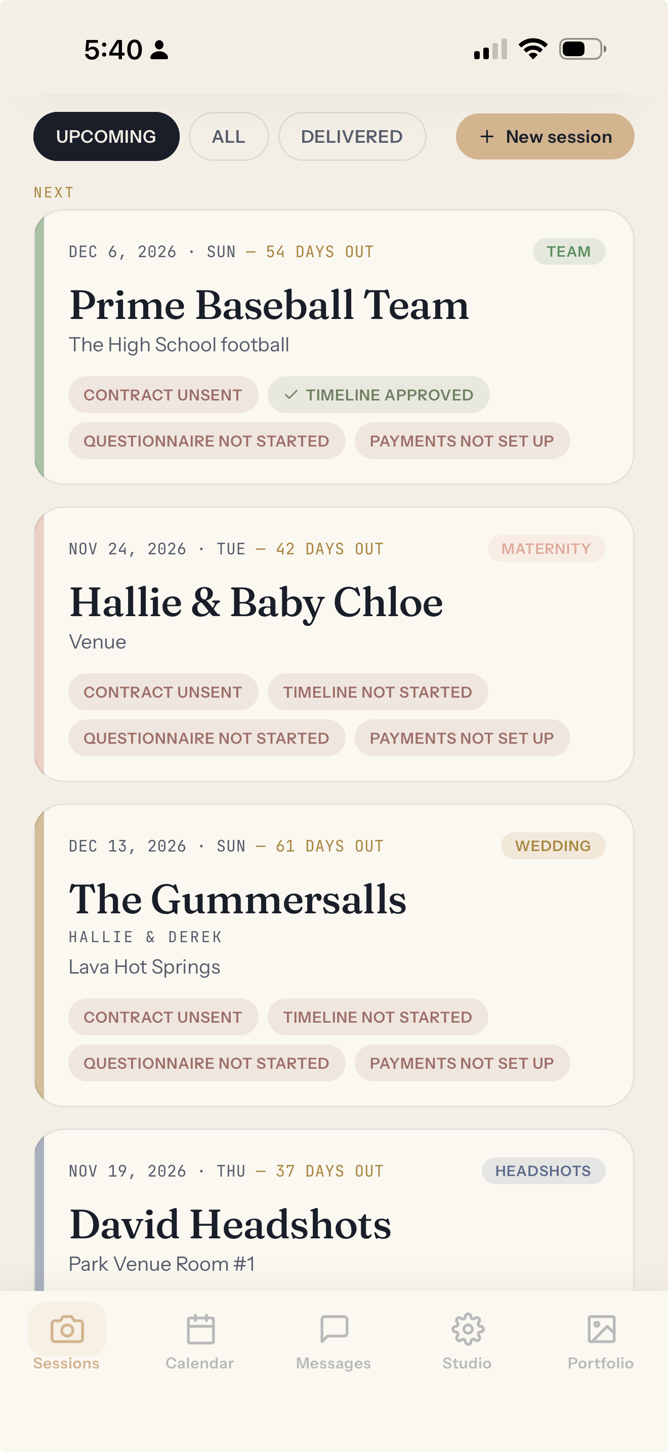The Camrhia session list