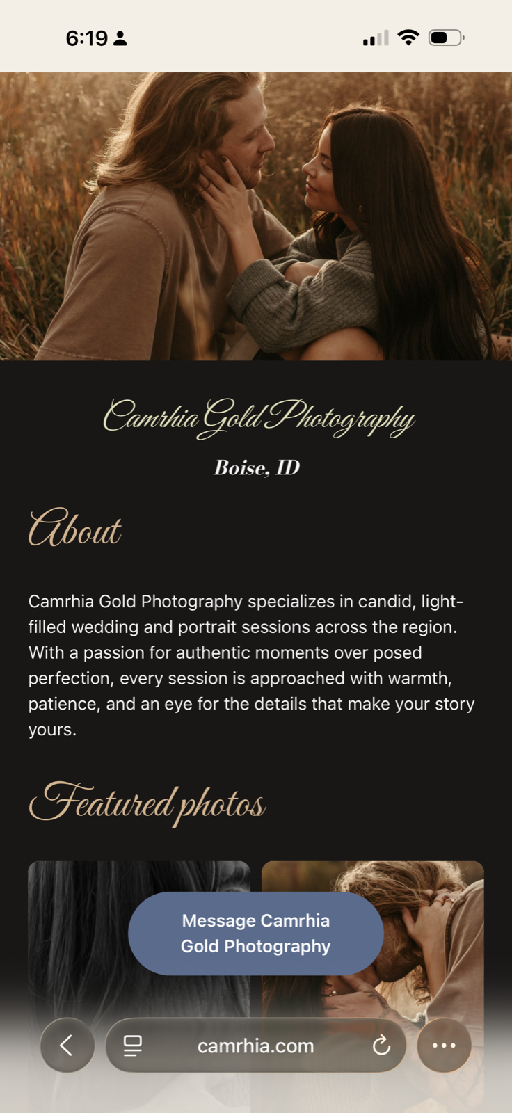 A photographer's live portfolio website on Camrhia
